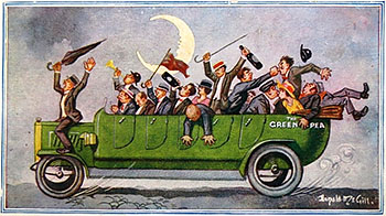 Cartoon illustration of a charabanc (with somewhat jolly passenger load . . . )